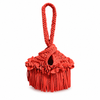 Handmade crochet mini swing bag in Tulip red with flower fringe and a loop-through wristlet handle.