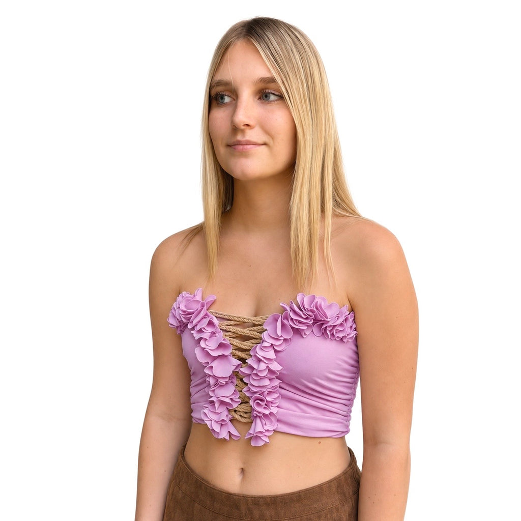 Orchid purple floral tube top with flower lei trim and hand-crocheted, open lace-up center detail.