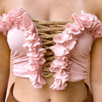 Petal pink flower lei tube top with floral trim and hand-crocheted lace-up center detail.