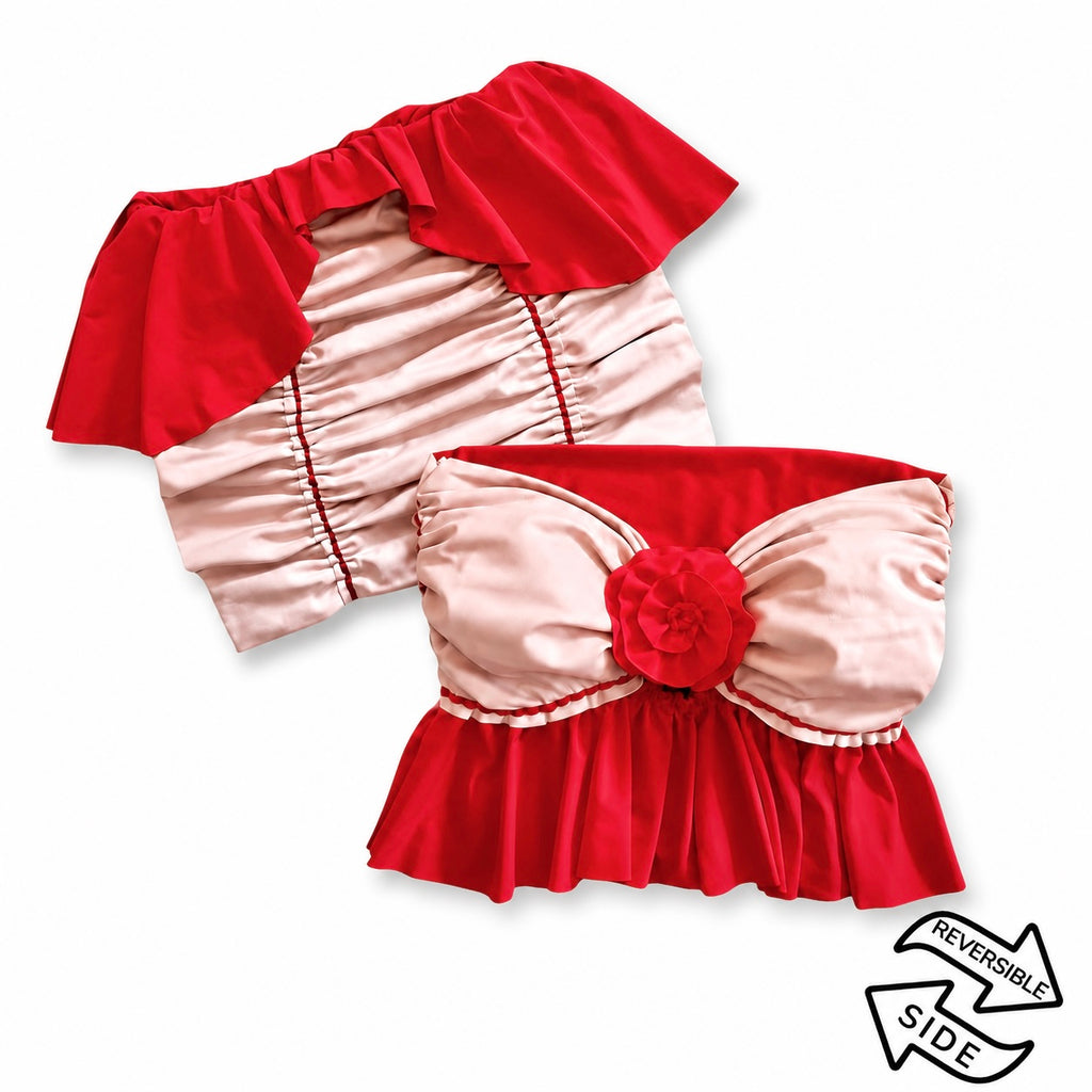 Reversible handmade tulip red ruffle rose tube top and mini skirt set