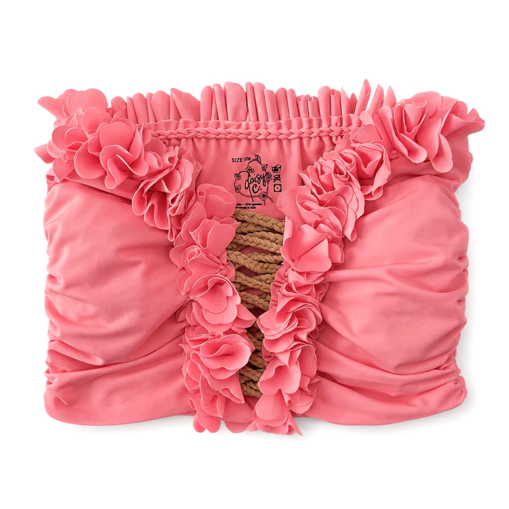 Hibiscus coral floral tube top with flower lei trim and hand-crocheted, open lace-up center detail.