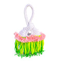 Handmade crochet mini swing bag in Gardenia white with pink flowers and tennis green fringe, featuring a loop-through wristlet by Daisy C. 