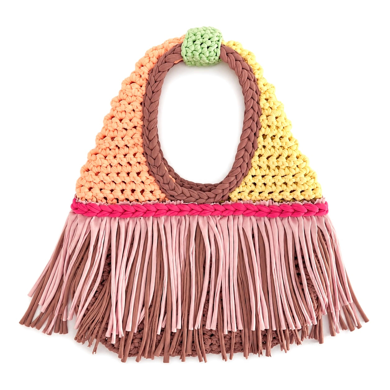 Handmade Island Sorbet crochet fringe mini bag made with stretch nylon/spandex. 