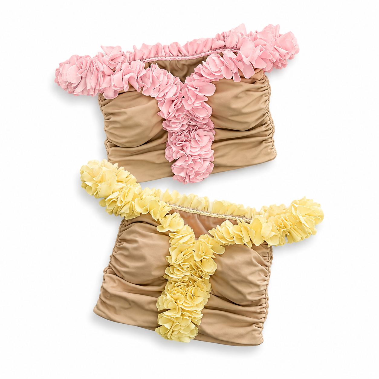 Petal pink and Daffodil yellow floral off-the-shoulder crop tops with flower lei trim and hand-crocheted lace-up center detail.