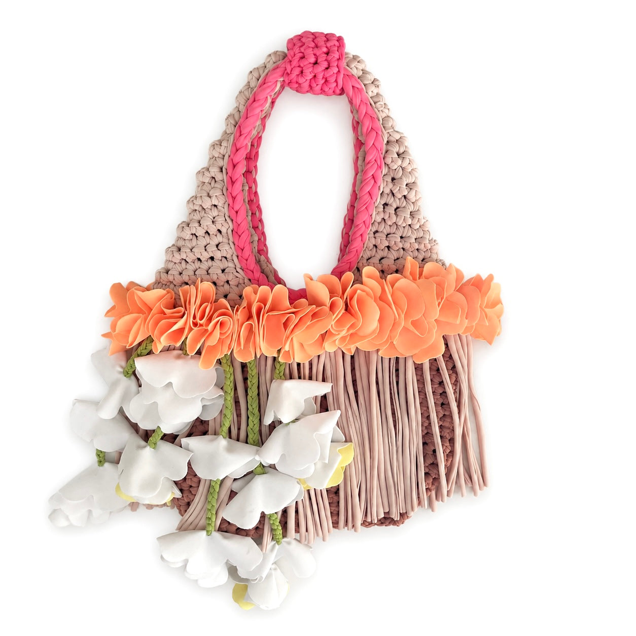 Handmade neural tan crochet whimsy mini bag with cascading orange floral fringe and braided white petal bells.