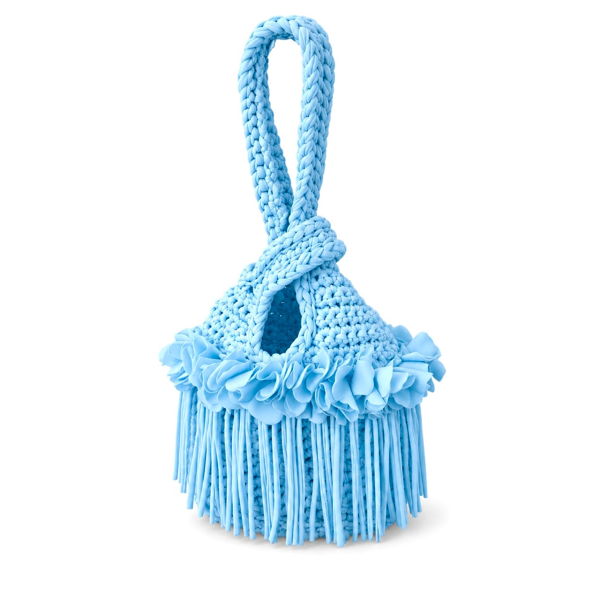 Handmade crochet mini swing bag in Hydrangea blue with flower fringe and a loop-through wristlet handle.