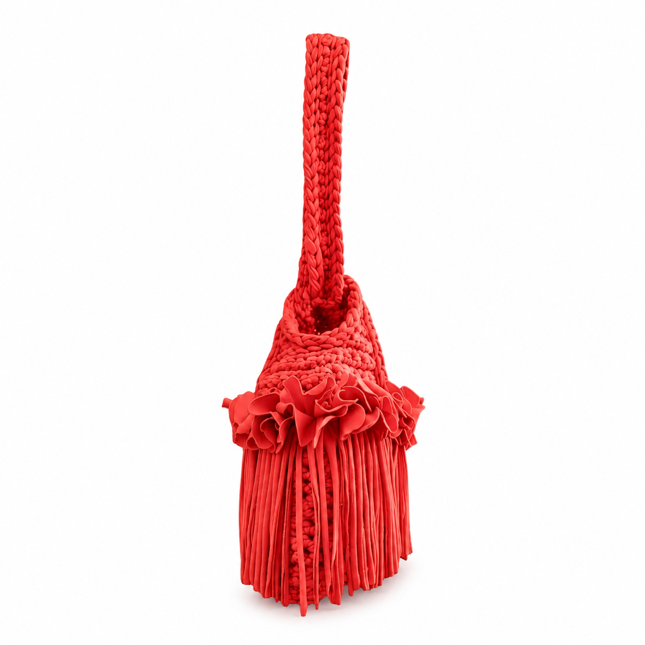 Crochet Tulip red flower fringe mini swing bag, handmade with stretch nylon/spandex. 