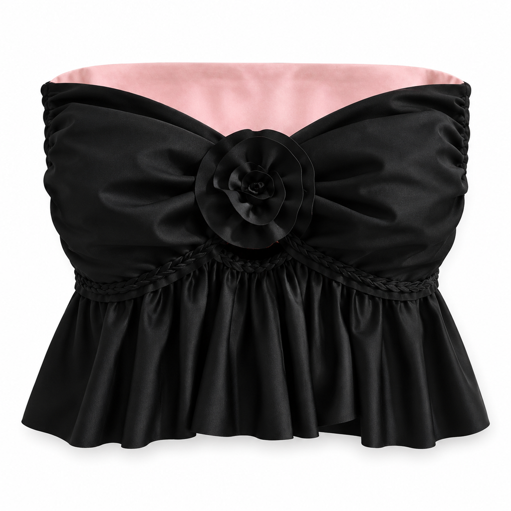 Handmade onyx black rose crochet ruffle tube top