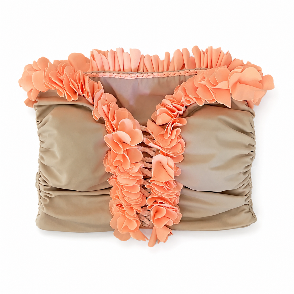 Tan and orange floral tube top with flower lei trim and hand-crocheted, open lace-up center detail.