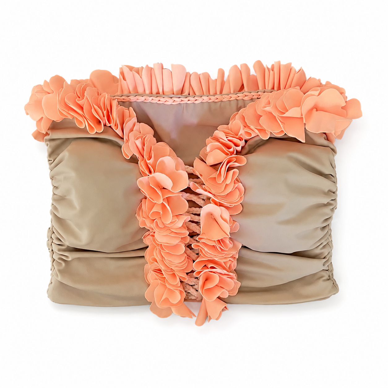Tan and orange floral tube top with flower lei trim and hand-crocheted, open lace-up center detail.