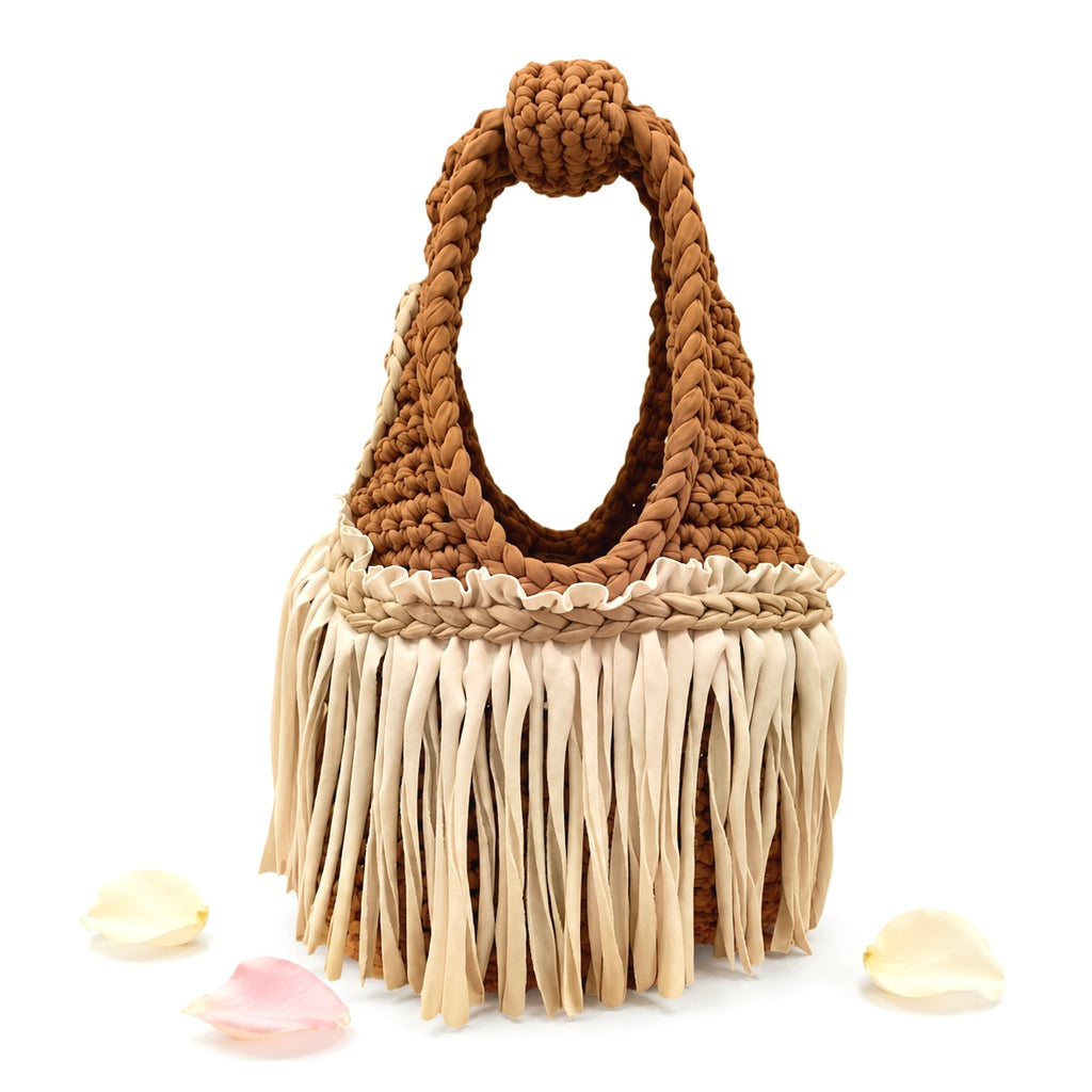 Hand crocheted Fringe Mini bag in rich saddle brown with cream braided trim and long flowing western style fringe. 