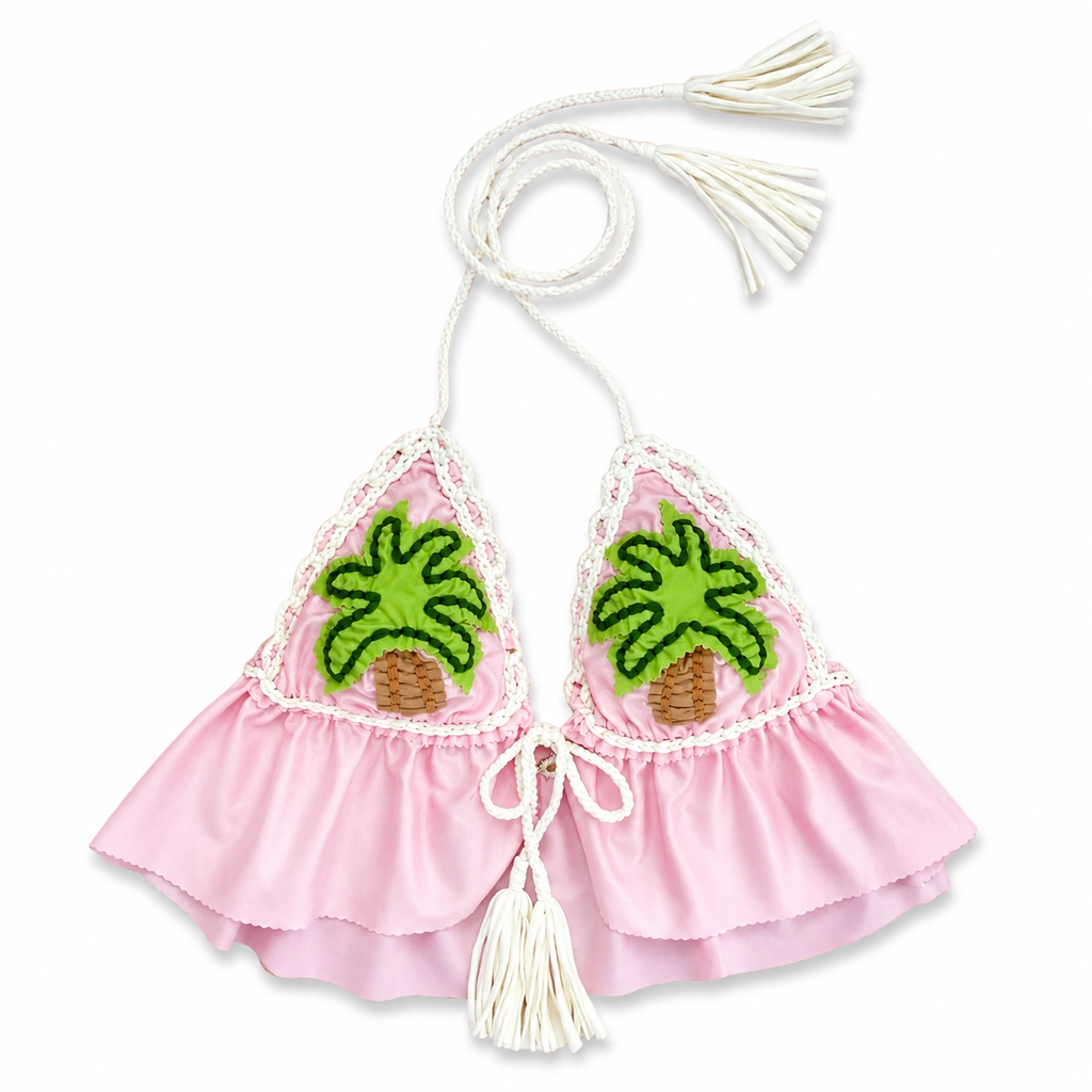 Handmade pink tropical palm tree crochet triangle halter top