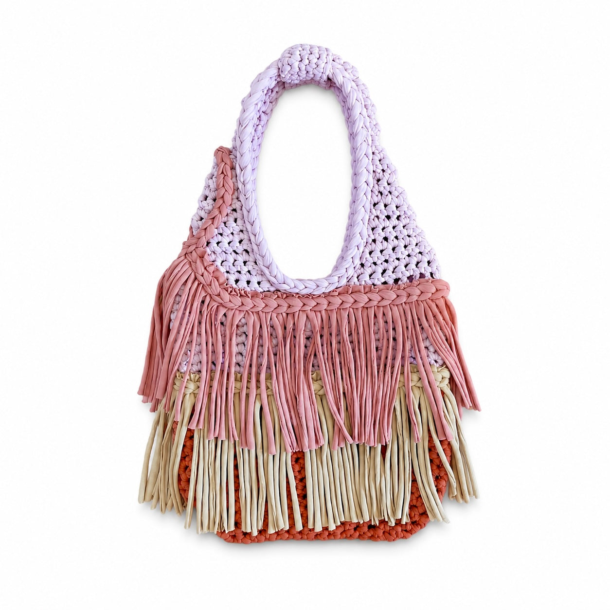 Handmade canyon rose neutral crochet double fringe tote swing bag