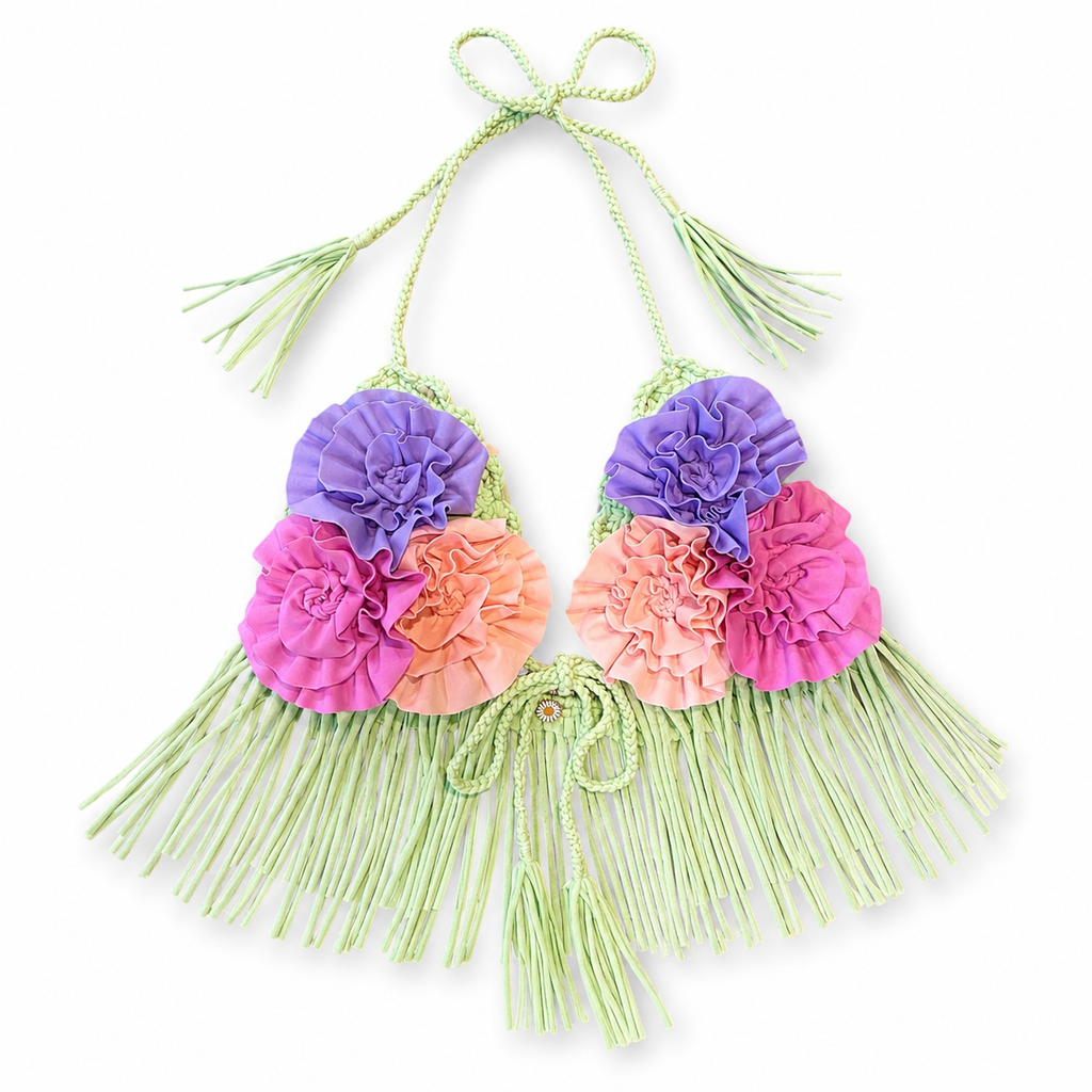 Mint green floral rosette triangle tie halter top with hand-crocheted details and fringe trim. 
