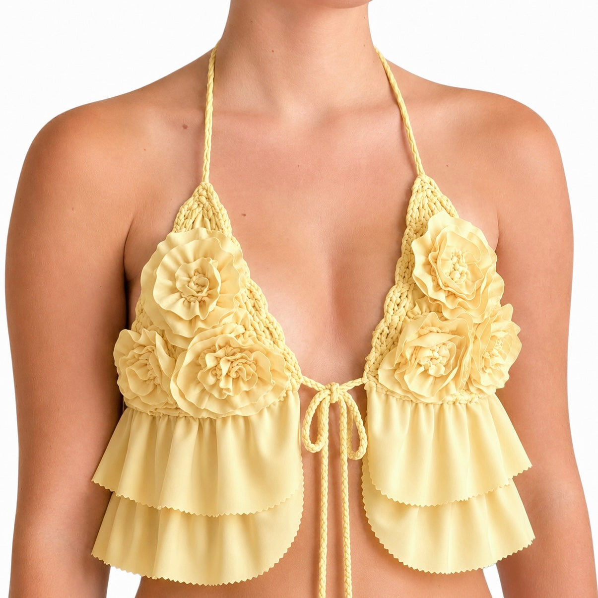 Daffodil light yellow floral rosette triangle tie halter top with hand-crocheted details and layered ruffles. 