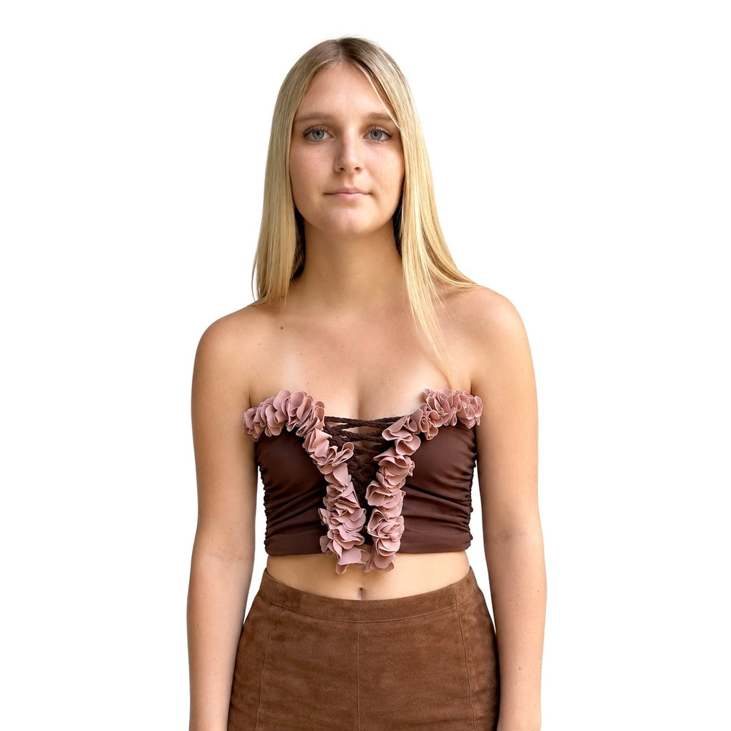 Coconut Shell brown floral tube top with flower lei trim and hand-crocheted, open lace-up center detail.