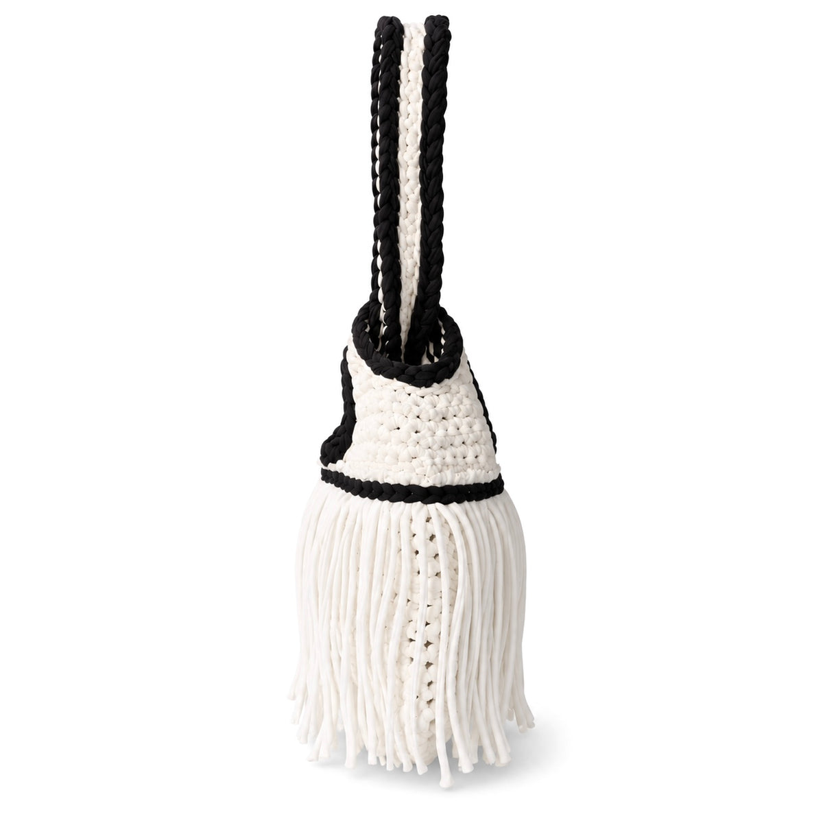 Handmade crochet mini swing bag in Gardenia white with flowing fringe, Onyx black trim and a loop-through wristlet handle.