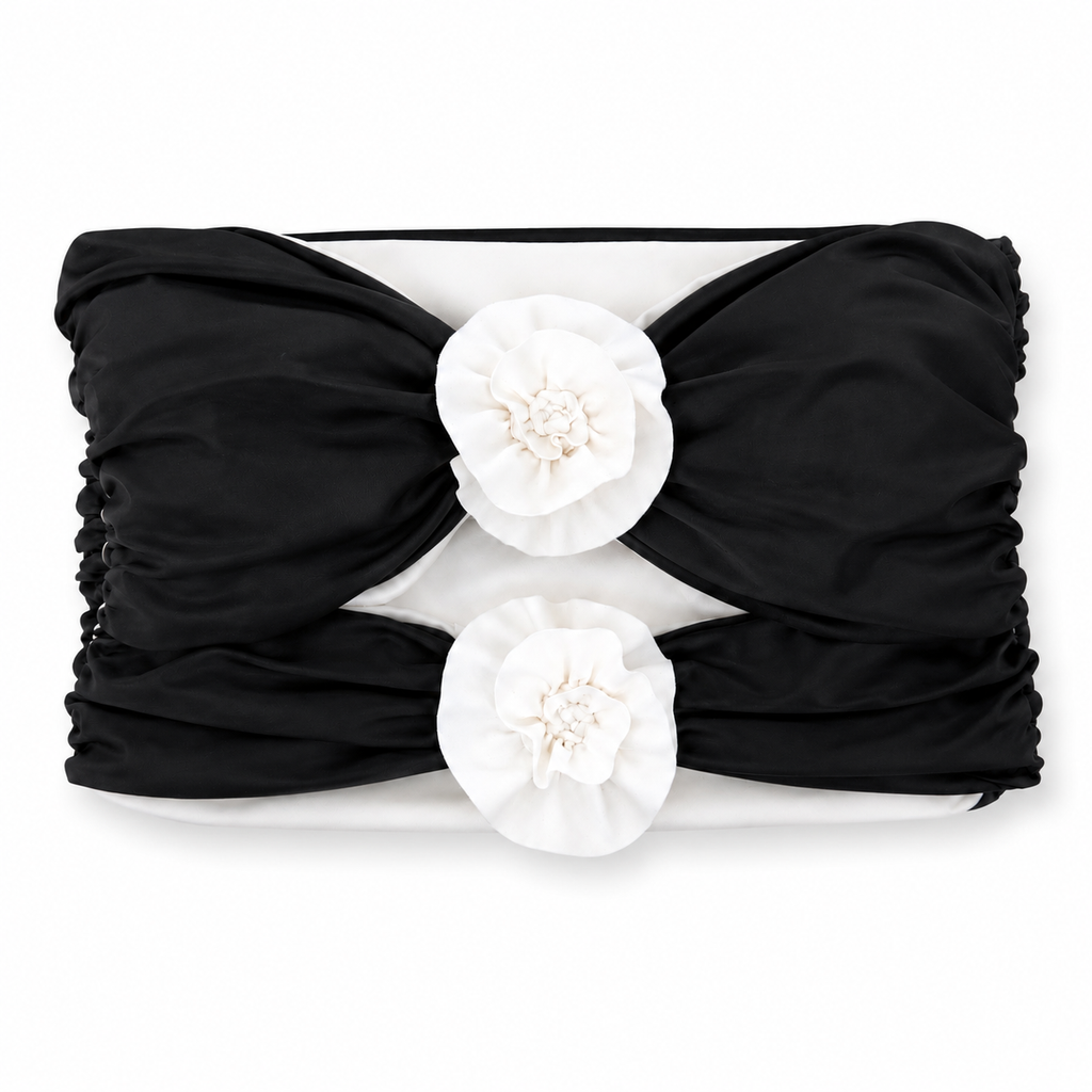 Reversible handmade onyx black and gardenia white, double rose bandeau tube top.