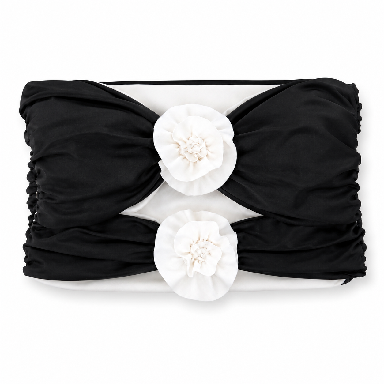 Reversible handmade onyx black and gardenia white, double rose bandeau tube top.