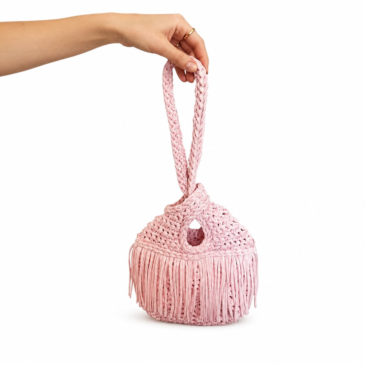 Crochet Petal pink fringe mini swing bag, handmade with stretch nylon/spandex. 