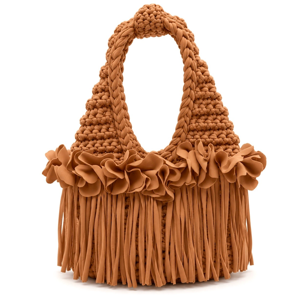 Handmade Hazelnut brown crochet mini bag with sculptural floral trim, flowing fringe and a braided handle.