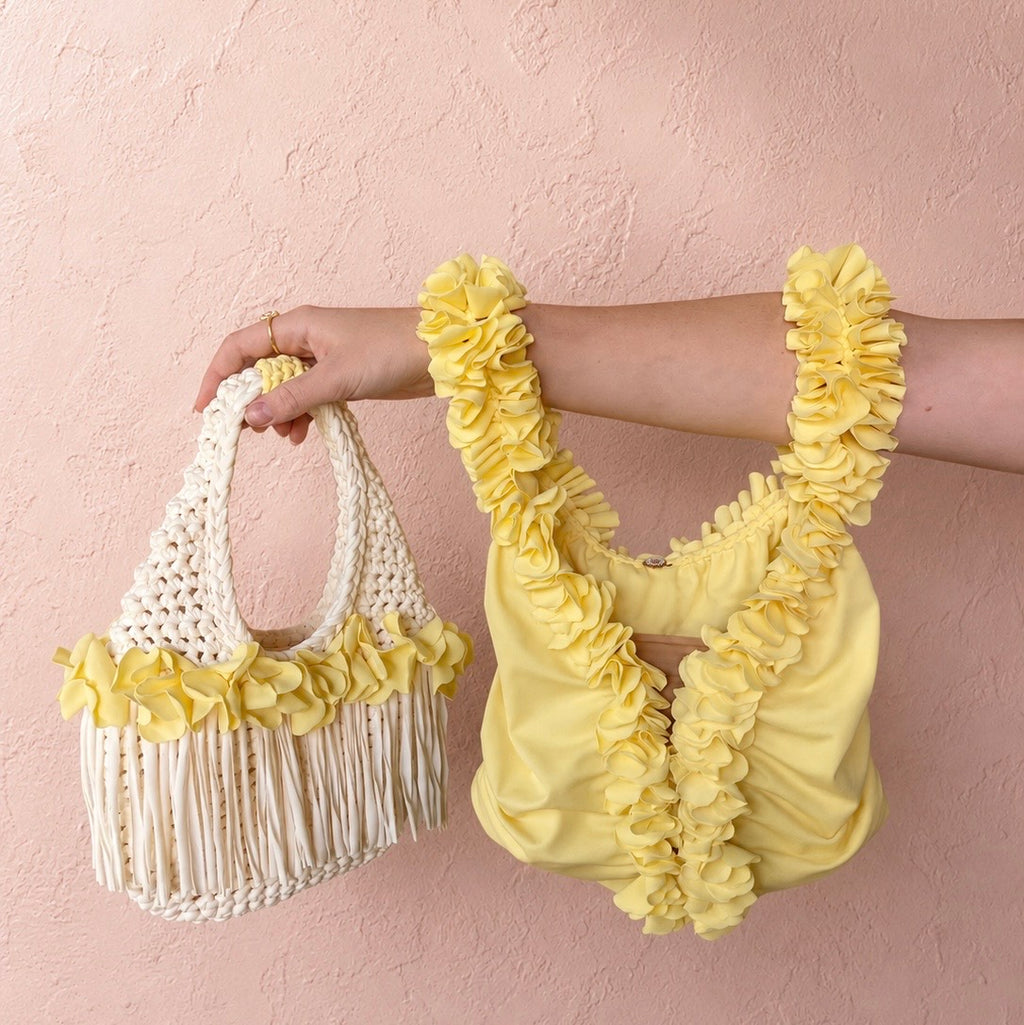 Handmade honeysuckle yellow cream crochet fringe mini bag and flower lei crop top