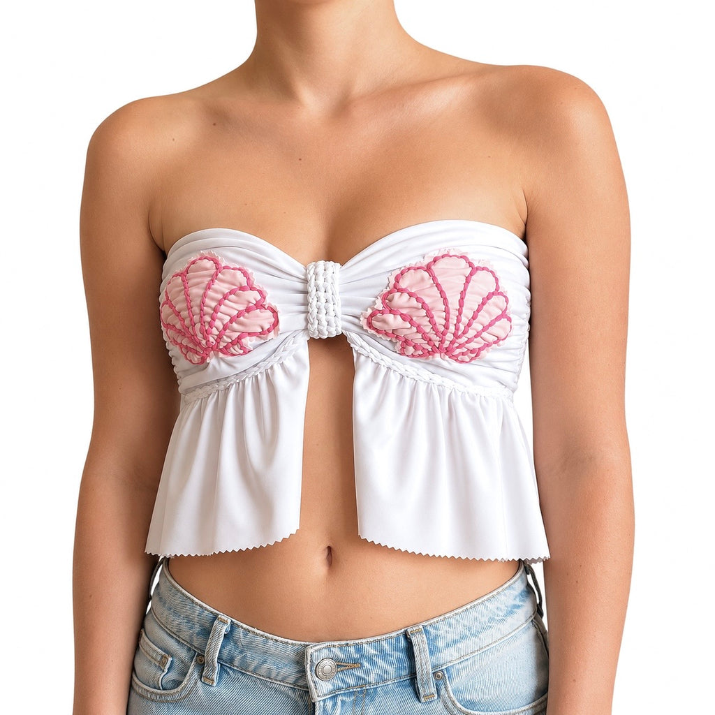 Handmade white and coral tropical seashell crochet tube top