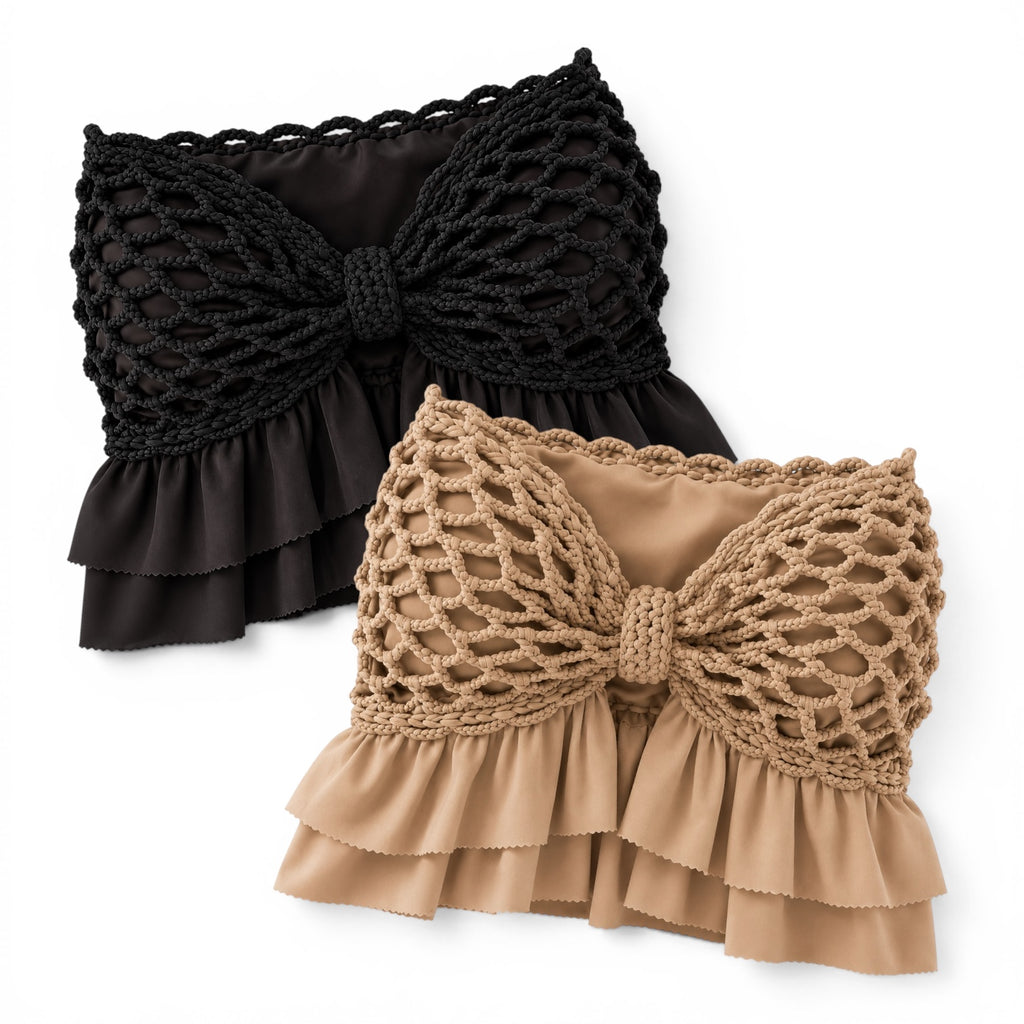Handmade crochet bow black & tan strapless ruffle tube top
