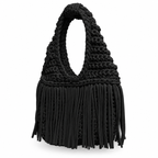 Handmade Onyx black crochet fringe mini bag with flowing fringe and a braided handle.