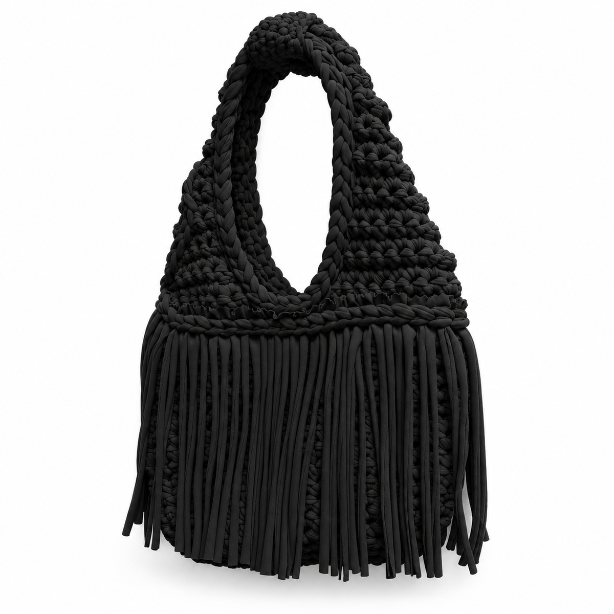 Handmade Onyx black crochet fringe mini bag with flowing fringe and a braided handle.
