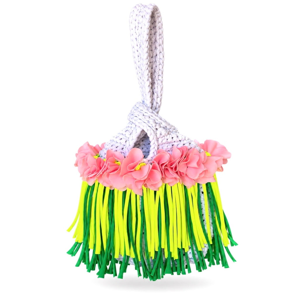Handmade Gardenia white crochet mini swing bag with Petal pink flowers and neon yellow and green fringe with a loop-through wristlet handle.