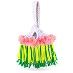 Handmade Gardenia white crochet mini swing bag with Petal pink flowers and neon yellow and green fringe with a loop-through wristlet handle.