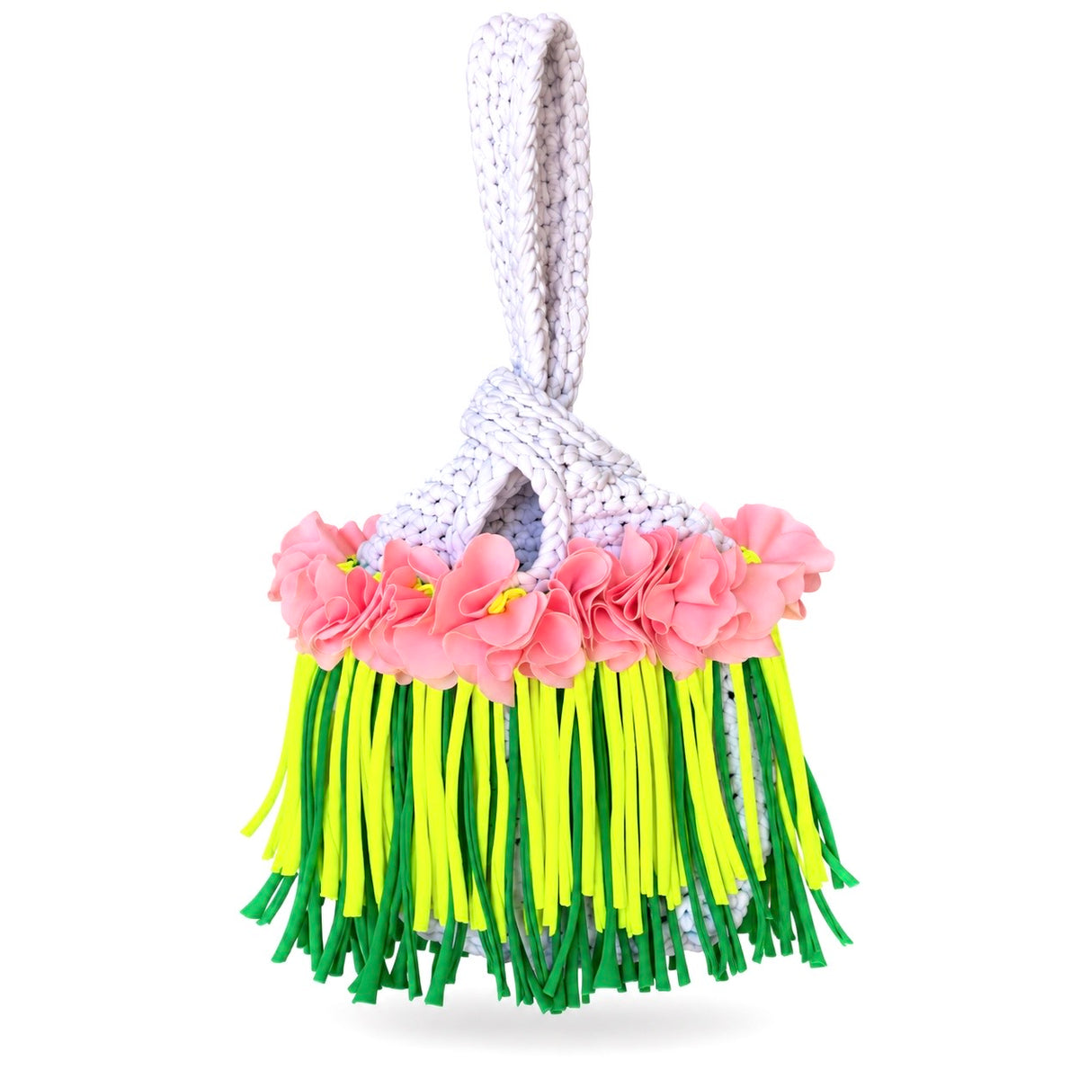 Handmade Gardenia white crochet mini swing bag with Petal pink flowers and neon yellow and green fringe with a loop-through wristlet handle.