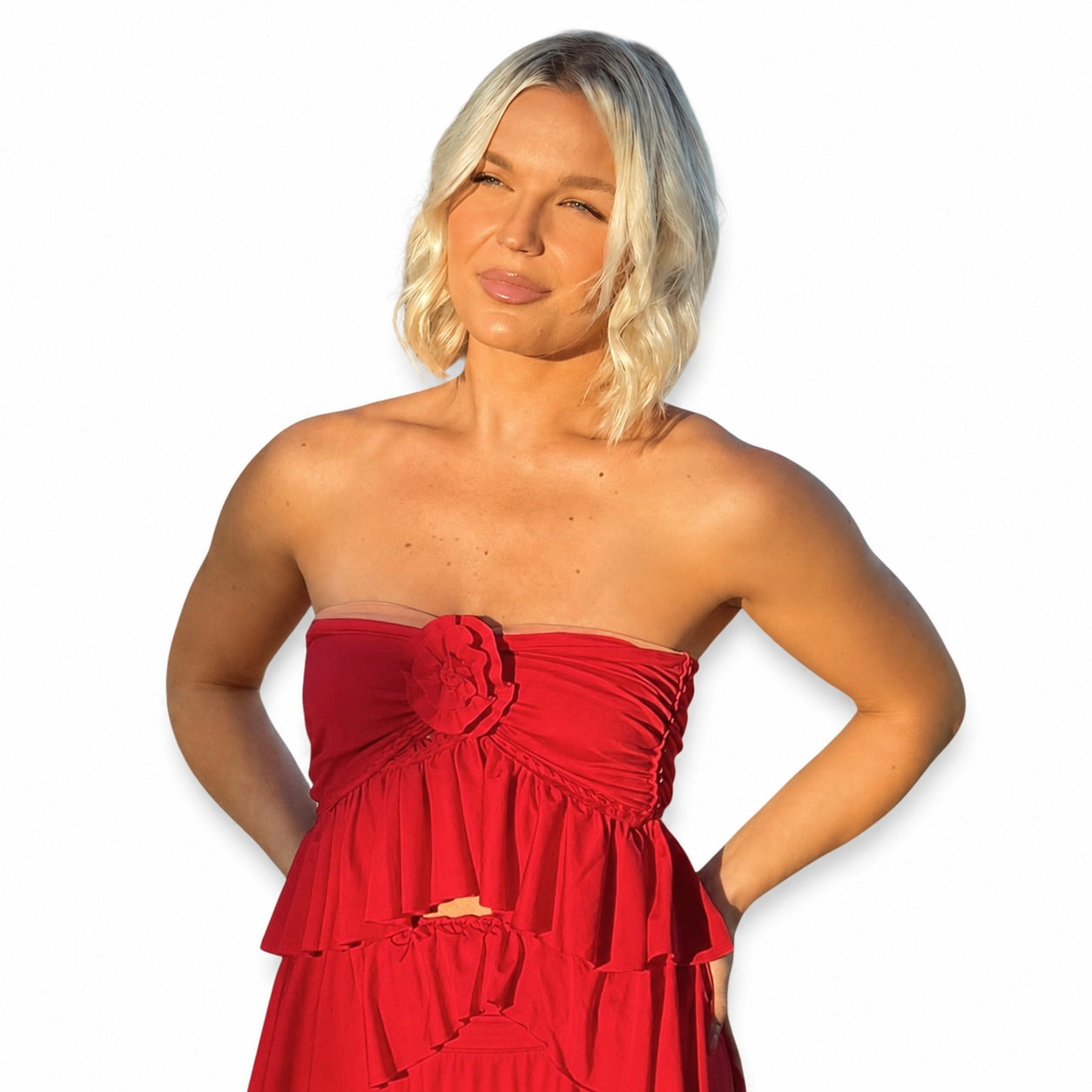 Handmade tulip red rose tube top and mini skirt matching set