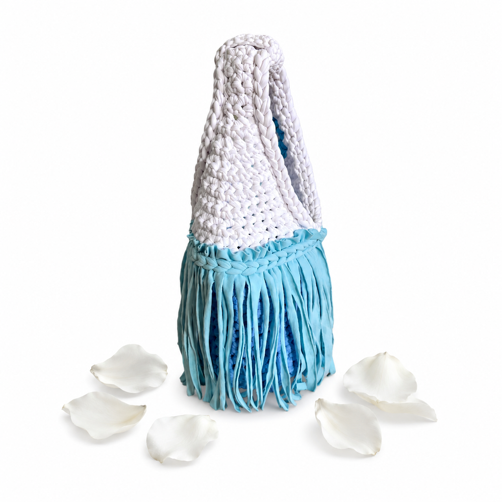 Handmade Poolside blue crochet fringe mini clutch bag