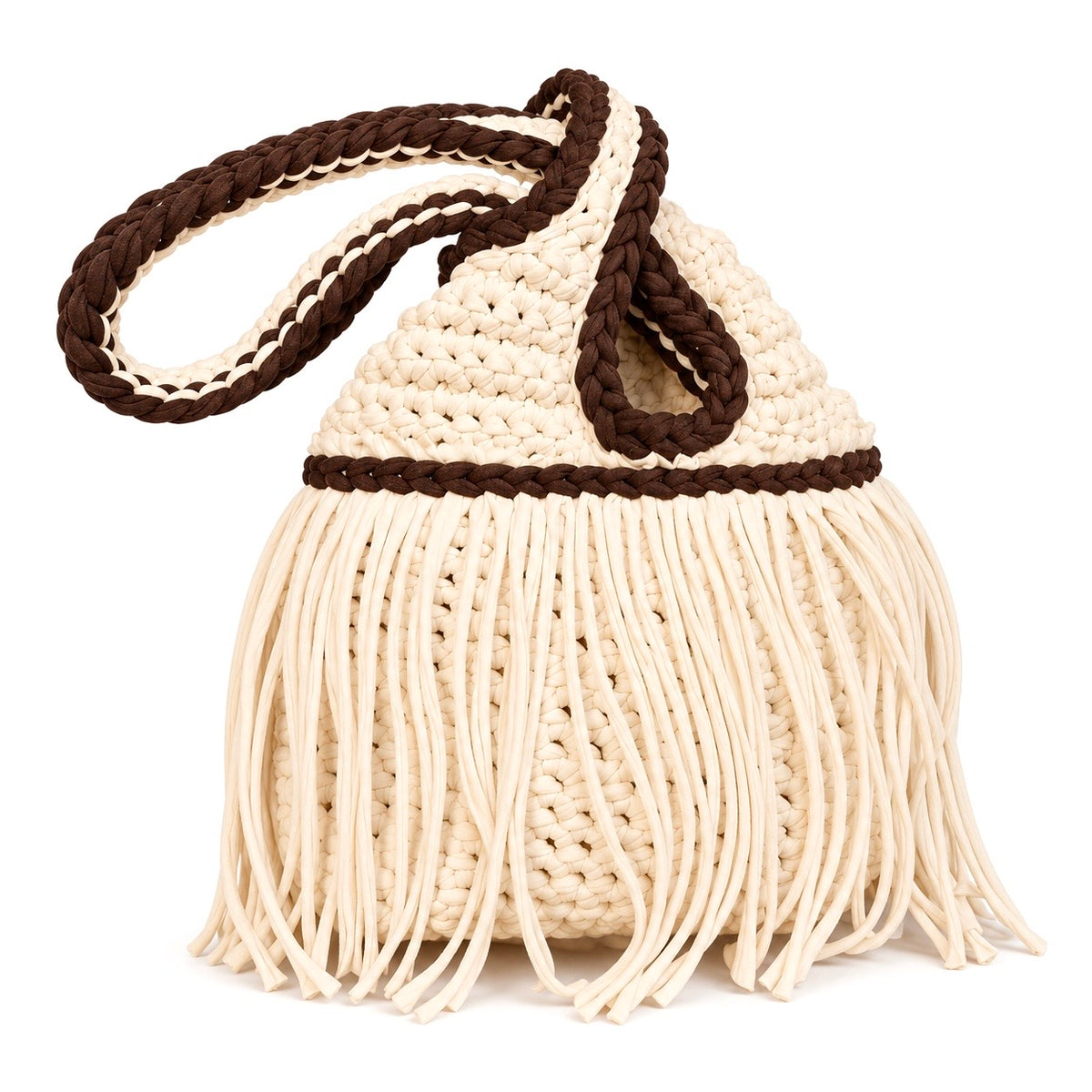 Handmade crochet mini swing bag in Magnolia cream with flowing fringe, Coconut Shell brown trim and a loop-through wristlet handle.