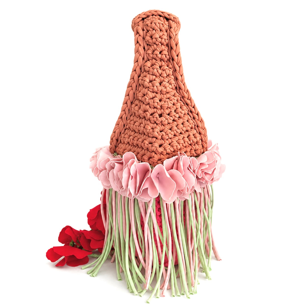 Handmade pink and tan strawberry suede crochet whimsy mini bag with floral fringe and braided tulip red cascading petal bells.