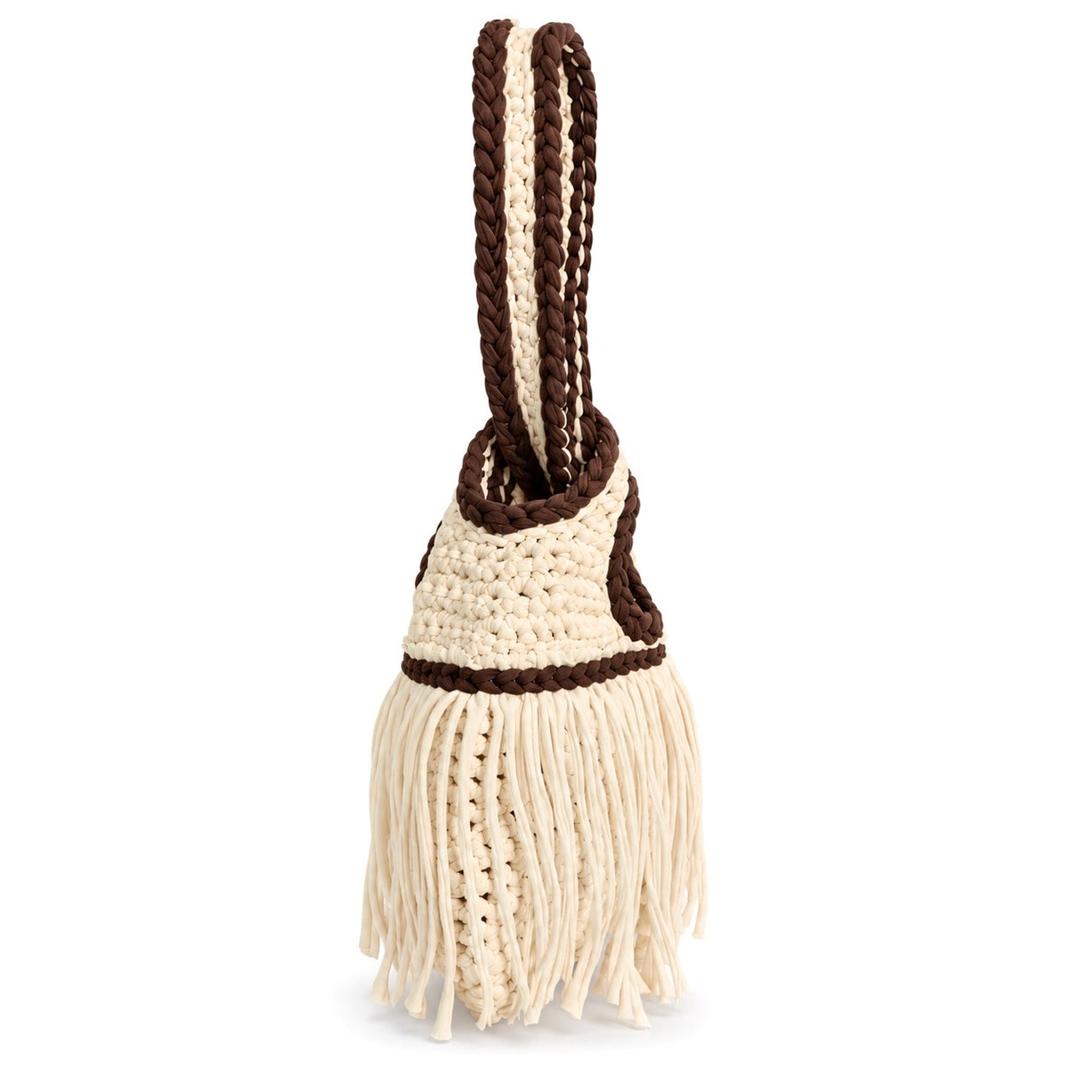 Handmade crochet mini swing bag in Magnolia cream with flowing fringe, Coconut Shell brown trim and a loop-through wristlet handle.