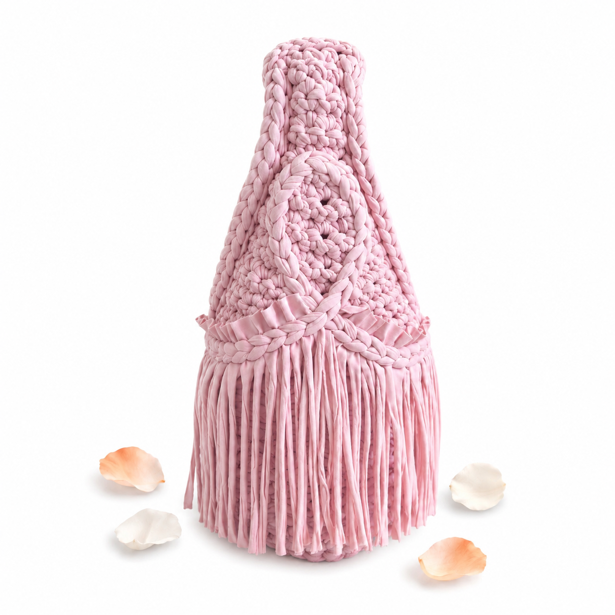 Handmade Petal pink crochet fringe mini bag made with stretch nylon/spandex. 