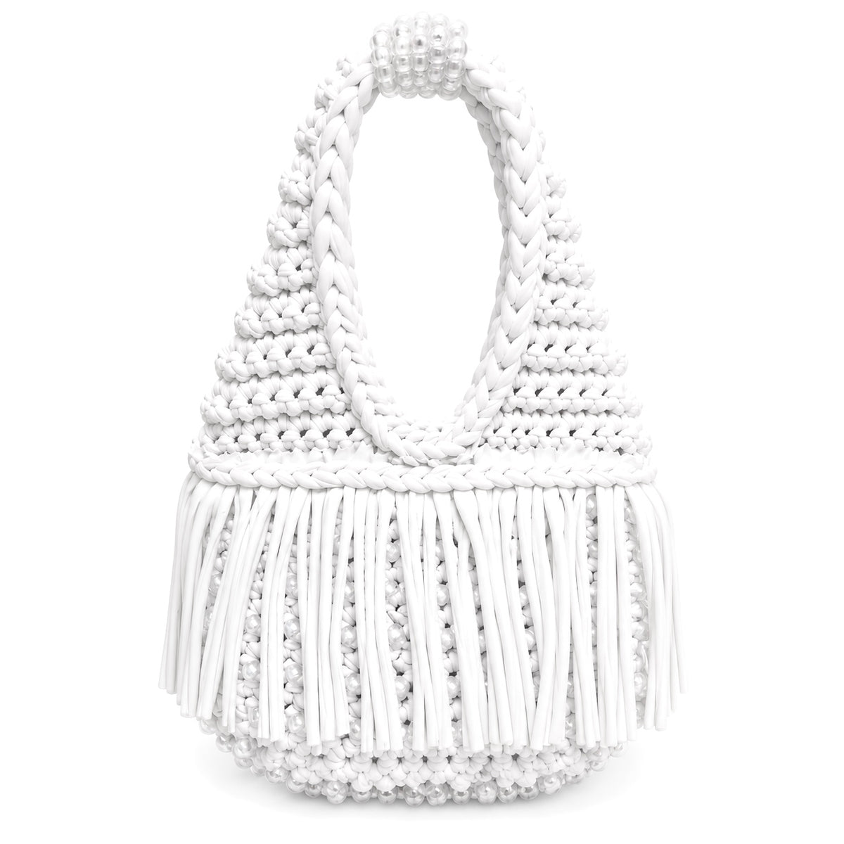 Gardenia white handmade crochet fringe mini bag with UV-reactive beads transforms into pink, purple, peach and pearly tones in sunlight.