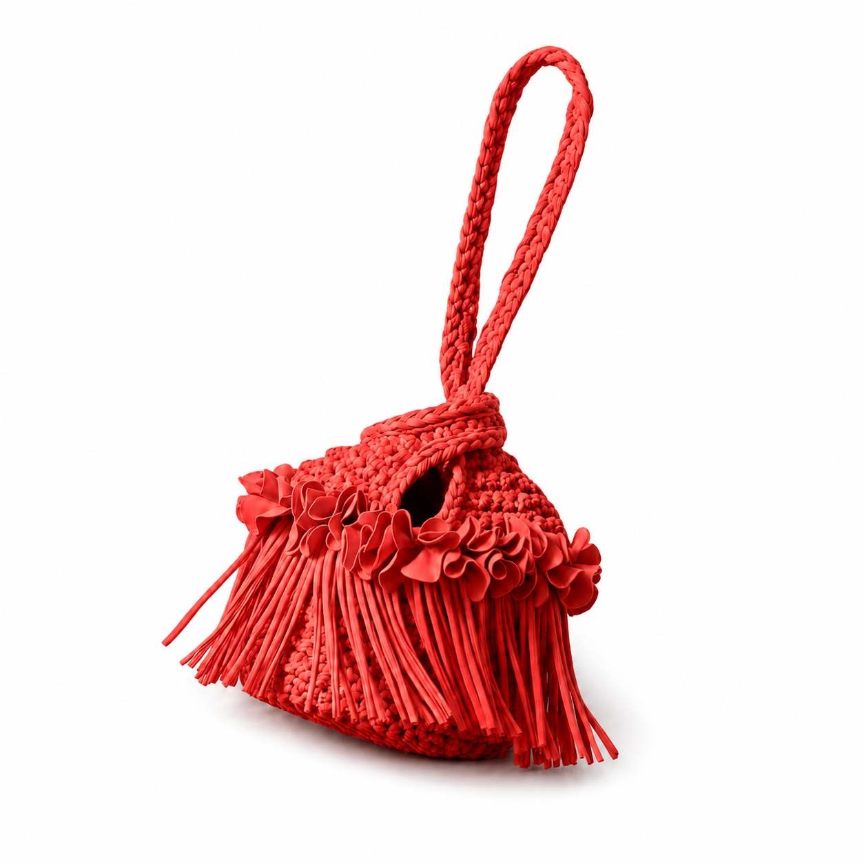 Crochet Tulip red flower fringe mini swing bag, handmade with stretch nylon/spandex. 