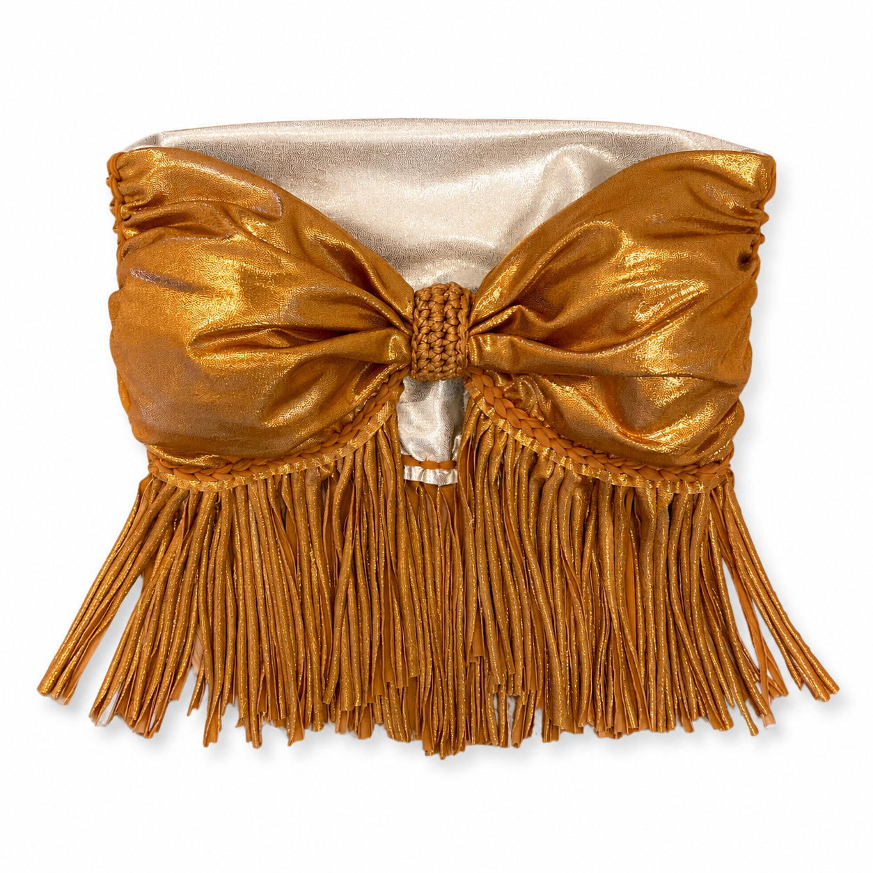 Reversible handmade metallic copper fringe bow tube top
