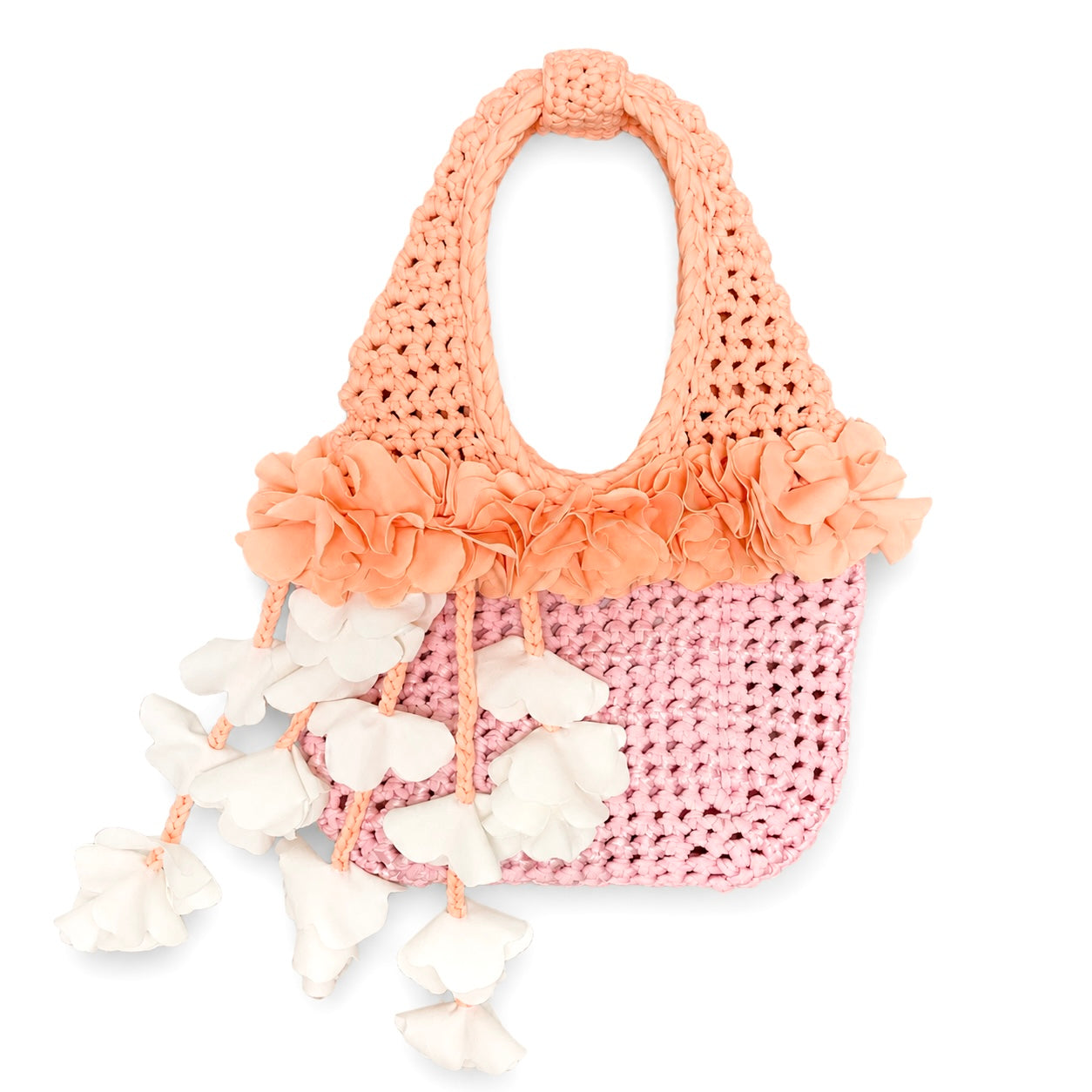 Handmade petal pink and poppy orange crochet floral mini bag with magnolia cream cascading petal bells. 