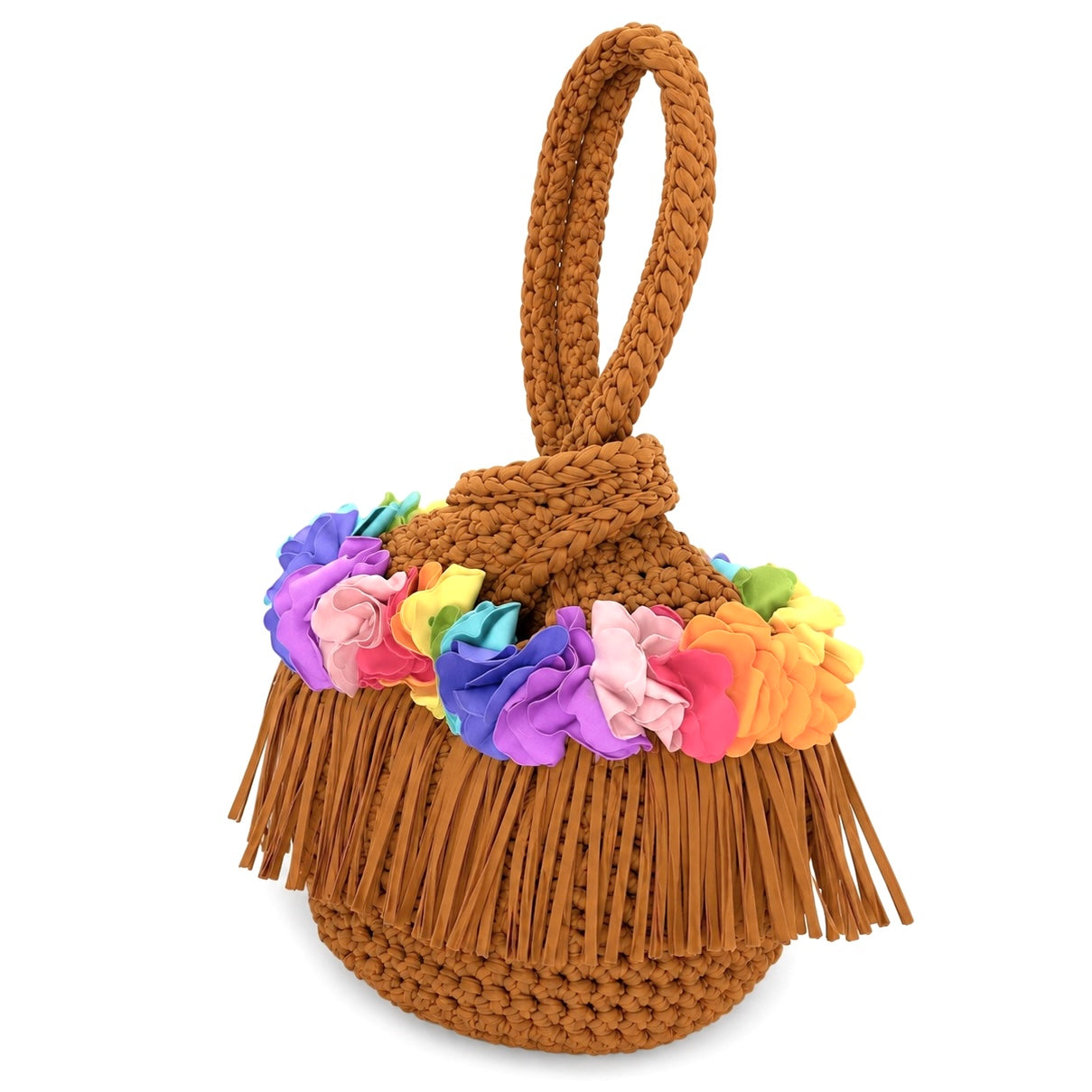 Handmade hazelnut brown crochet rainbow flower fringe mini swing bag. 