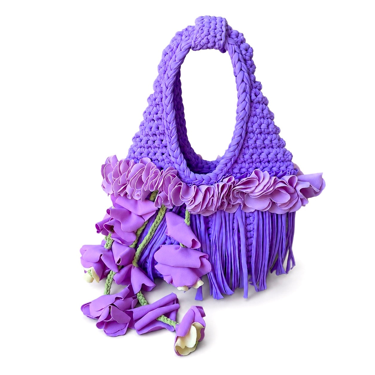 Handmade lilac purple crochet whimsy mini bag with cascading floral fringe and braided orchid petal bells.