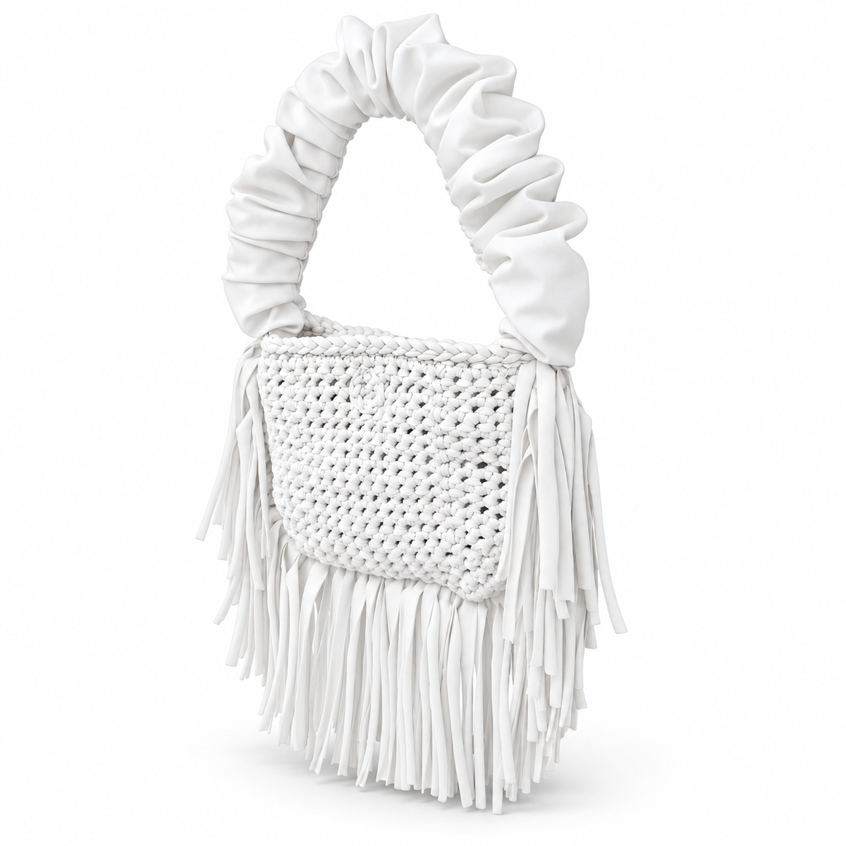 Gardenia white handmade crochet Cha Cha Mini bag featuring a crescent-shaped body, braided loop detailing, ruched scrunchie handle and flowing fringe. 