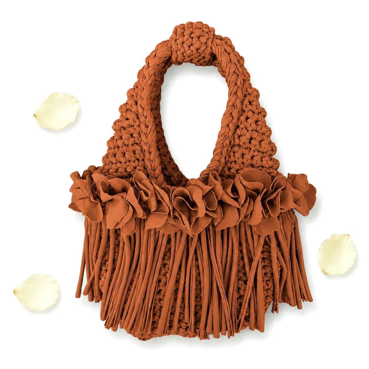 Crochet Cinnamon brown flower fringe mini bag, handmade with stretch nylon/spandex. 