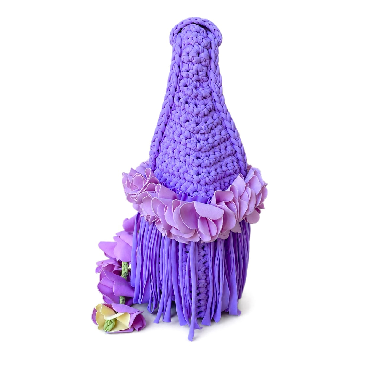 Handmade lilac purple crochet whimsy mini bag with cascading floral fringe and braided orchid petal bells.