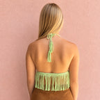 Mint green and pinks, floral rosette triangle tie halter top with hand-crocheted details and fringe trim. 