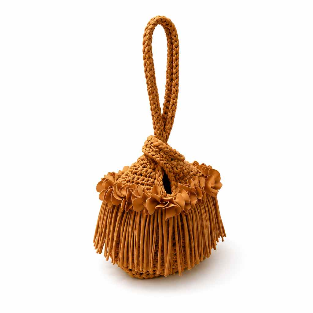 Handmade hazelnut brown crochet flower fringe mini swing bag